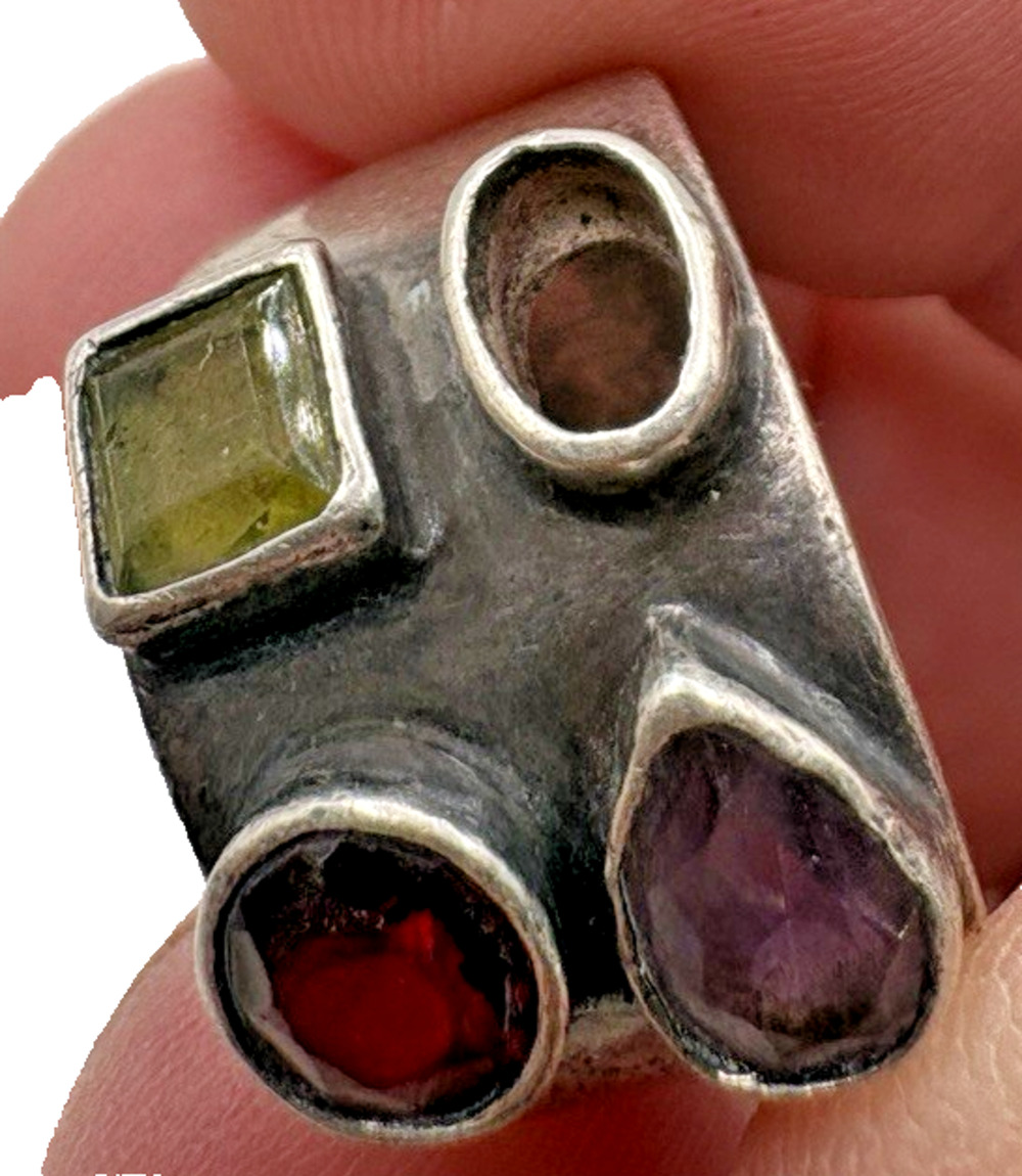 950 Sterling Silver Artisan Multi Gemstone Wide Ring Band 7.43g (6) Vintage READ